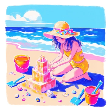 A girl in a bright yellow swimsuit is kneeling in the sand, building an intricate sandcastle. She is wearing a wide-brimmed straw hat adorned with a colorful ribbon. Nearby, a bright red bucket and a small blue spade are placed in the sand. The beach is dotted with seashells and small stones, while gentle waves lap at the shore in the background. The sun shines brightly overhead, casting playful shadows on the sand.