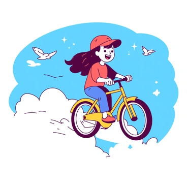 A vibrant cartoon character with a big smile is riding a yellow bicycle along fluffy white clouds in a bright blue sky. The character has colorful clothing, with a red cap and orange shoes. The bicycle's wheels are spinning as the character's hair flows in the wind. Surrounding the clouds, there are small, playful birds flying and a few distant stars twinkling in the clear sky.
