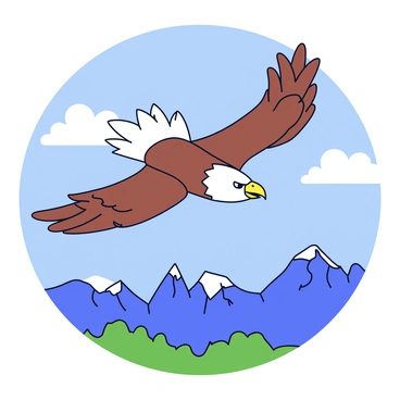A majestic eagle with brown feathers and a white head is swooping down with its wings fully extended. The eagle's sharp beak is open, and its talons are poised to catch its prey. Below, a rocky mountain landscape is visible, with rugged peaks and scattered patches of green vegetation. A clear blue sky forms a backdrop, with a few fluffy white clouds drifting by. The scene captures the intense moment of the eagle's descent.