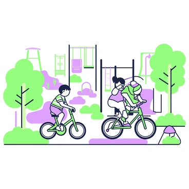 A playground filled with various equipment is visible, including swings, slides, and climbing structures. In the center, there are children riding balance bikes, each wearing a helmet for safety. One child has a striped shirt and is pedaling a green balance bike, while another wears a bright t-shirt and rides a purple bike. Surrounding them are grass patches and colorful mats. Trees border the playground, providing shade and a sense of enclosure. The scene captures the energy and joy of children engaged in play.