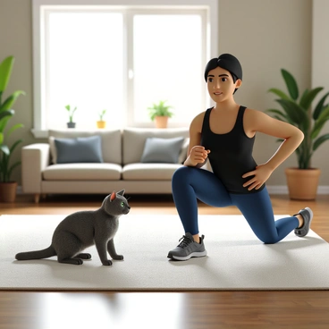 A domestic cat with gray fur and green eyes sits on a soft carpet, its ears perked up and its tail twitching in curiosity. The cat is positioned a short distance away from its owner, who is performing reverse lunges. The owner, wearing a black tank top and blue leggings, is focused on maintaining form. The living room features a cozy atmosphere, with a couch in the background and a few indoor plants nearby. Natural light is streaming in through a window, casting soft shadows on the floor.