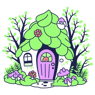 A whimsical fairy cottage is nestled among the trees in a dense forest. The cottage is constructed from overlapping leaves and vibrant flowers, creating a natural facade. Around the entrance, there are small, decorative mushrooms and tiny pebbles forming a path leading to the door. The roof of the cottage is lush, with tendrils of vines wrapping around it, and colorful blossoms peeking out from every angle. Surrounding the cottage, various forest plants and ferns create a cozy, enchanting atmosphere, while soft sunlight filters through the canopy above, highlighting the intricate details of the cottage.