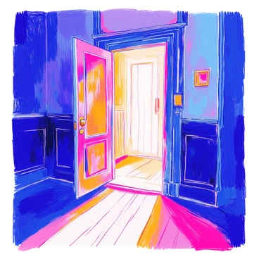 An open door at the end of a dark hallway is illuminated by a warm light spilling through the doorway. The hallway is lined with worn, muted wallpaper that fades into the shadows, emphasizing the contrast between darkness and the light. The floor has old wooden planks, some creaking slightly underfoot. Surrounding the door, the frame is sturdy and detailed, with a brass doorknob that glimmers faintly. The light from the door casts long shadows along the walls, creating a sense of depth and inviting the viewer's gaze toward the promise of what lies beyond.