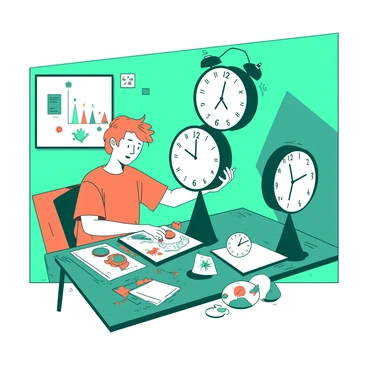An orange artist with short hair is skillfully balancing several clocks set to different time zones in a teal room. Each clock is uniquely designed, showcasing various styles and colors, and is positioned at different heights on delicate stands. The artist is wearing a casual outfit and has a focused expression while maintaining balance, with one hand reaching out to stabilize a clock that is about to tip over. In the background, there are scattered art supplies and sketches that hint at the artist's remote work environment.