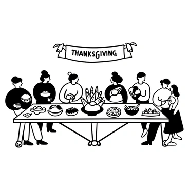 A long wooden table is set for a community Thanksgiving feast, adorned with a variety of seasonal dishes. There are platters of roasted turkey, bowls of mashed potatoes, and trays of cranberry sauce. Alongside, there are pumpkin pies and apple tarts displayed prominently. A decorative centerpiece featuring autumn leaves and small pumpkins sits in the middle of the table. People of diverse backgrounds are gathering around the table, some holding dishes while others prepare to serve. "Thanksgiving" is written in decorative lettering on a banner hanging above the table.