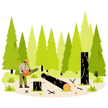 A logging scene featuring a dense forest with tall, green trees standing upright. In the foreground, there are two trees that have been freshly cut down, their stumps visible on the ground. Surrounding them are numerous untouched trees, showcasing a healthy, vibrant forest. A worker in a hard hat and safety gear is operating a chainsaw, carefully selecting trees for cutting. Sunlight filters through the canopy, casting dappled shadows on the forest floor, which is covered in fallen leaves and branches. "Responsible logging in action" is displayed prominently in the scene.