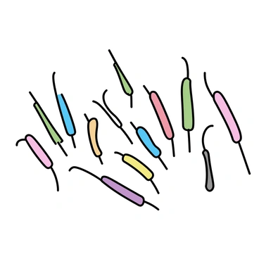 A canvas featuring multiple cilia, each represented in a different color and shape. The cilia are depicted as slender, elongated structures, varying in length and texture. Each cilium has a distinct hue, ranging from bright blues and greens to vivid reds and yellows. The arrangement of the cilia forms a harmonious composition, showcasing the diversity in their forms and colors across the surface of the canvas.