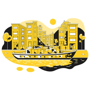 A barge floating down a canal in an urban setting. The barge is adorned with "vibrant graffiti art" in intricate patterns and designs, showcasing various shapes and illustrations. The water is slightly rippled, reflecting the surrounding buildings that line the canal. Above the barge, the sky is clear, casting a soft light on the scene. Alongside the canal, there are brick buildings with their own textures and architectural details. A few passerby figures can be seen on the banks, observing the barge as it moves through the city.