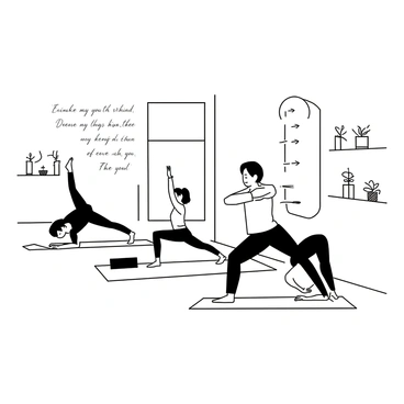 A small yoga studio with soft, calming decor. The room features wooden floors and large windows allowing natural light to filter in. Several people are practicing yoga poses, including a woman in a downward dog pose and a man in a warrior pose. Mats are arranged neatly on the floor. In the background, there are plants and candles placed on shelves, enhancing the peaceful atmosphere. The walls are adorned with motivational quotes in elegant typography.