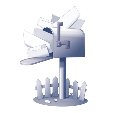 A mailbox standing prominently on a small, grassy patch. The mailbox is overflowing with a plethora of letters, some spilling out onto the ground. Each letter features distinct shapes and sizes, suggesting a variety of correspondence. The mailbox itself is metallic with a small flag raised, indicating that it is full. The surrounding area is neatly kept, with a few scattered fallen leaves adding texture to the scene. In the background, a wooden fence partially borders the space, contributing to the domestic atmosphere.
