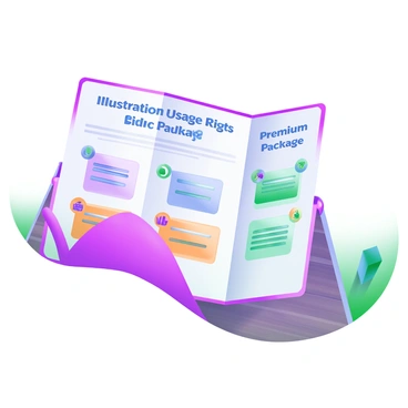 A tri-fold brochure laid out on a wooden table, featuring various sections. The front cover displays the title "Illustration Usage Rights Packages" in elegant, bold lettering. Inside, there are three distinct panels, each highlighting a different package with clear headings: "Basic Package", "Standard Package", and "Premium Package". Each section includes bullet points detailing the features of each package, such as "Limited Use", "Exclusive Rights", and "Unlimited Revisions". Accompanying each package description are small, colorful icons representing each feature. The overall color scheme is soft pastel shades, creating a visually appealing and cohesive look.