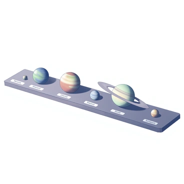 A long wooden board is placed horizontally, showcasing a series of spherical representations of the planets of the solar system. Each planet is depicted with distinct sizes and features, arranged in the correct order from the sun. The planets are anchored at various points along the board, with Earth featuring blue and green markings, Mars showing a reddish hue, and Jupiter depicted with its distinctive bands. The board has labels below each planet, displaying their names in clear, bold type.