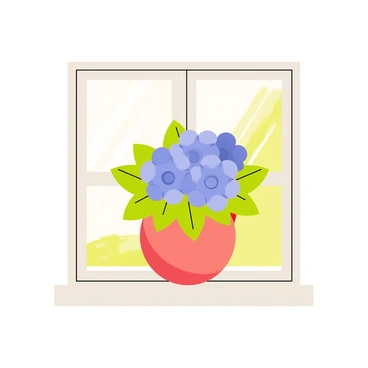 A window sill with a bright white frame holds a round terracotta pot filled with vibrant blue hydrangeas. The flowers have a fluffy appearance, with delicate petals. Sunlight streams through the window, casting warm, golden rays onto the pot and illuminating the rich green leaves surrounding the blooms. The background features a soft, blurred garden view outside the window, enhancing the peaceful atmosphere.