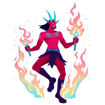 An oni with vibrant red skin and sharp, elongated horns is performing a fire dance. Its muscular body is adorned with intricate tattoos that glow in the light of the flames. The oni's fierce expression shows focus and intensity as it moves gracefully among the swirling flames. Around it, fiery orange and yellow sparks fly into the air, creating a chaotic yet mesmerizing environment. The background is filled with dynamic flames that twist and turn, illuminating the scene with their bright light. The oni holds a blazing torch in one hand, adding to the overall spectacle of the fire dance.