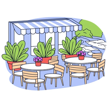 A charming French cafe terrace with several small round tables. Each table is adorned with terracotta pots filled with colorful pansies. The cafe features a striped awning providing shade. Surrounding the tables are simple wooden chairs with a natural finish. The terrace is bordered by lush green plants, creating a cozy atmosphere. In the background, a cobblestone path adds to the quaint setting. Sunlight casts gentle shadows, enhancing the inviting scene.