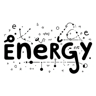 The word "Energy" formed by various famous physics formulas. Each letter of the word is intricately designed using elements like "E = mc²" for the letter "E," "F = ma" for the letter "n," "U = qV" for the letter "e," "K = 1/2 mv²" for the letter "r," and "P = W/t" for the letter "g." The letters are connected with lines and arrows to symbolize the relationships between different physical concepts. A backdrop of subtle geometric shapes and diagrams related to physics adds depth to the illustration without distracting from the central theme.