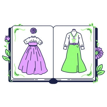A collection of fashion sketches is displayed in an open flower illustration book. Each page features different outfits inspired by various types of flowers. On the left page, there is a long, flowing dress with petal-like layers resembling a blooming rose, accompanied by a matching floral headpiece. On the right page, a fitted blouse and skirt outfit is illustrated, showcasing vibrant patterns inspired by daisies, with a belt that mimics the shape of sunflower petals. The sketches are detailed, capturing the textures and designs of each outfit, with annotations explaining their floral inspirations. The book has decorative borders featuring green vines and small purple flowers.