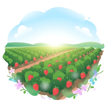 A vast field filled with lush green strawberry plants, each bearing bright red strawberries. The rows of plants are neatly organized, creating a pattern that stretches into the distance. Above, a clear blue sky is present, with a few fluffy white clouds scattered across it. Sunlight casts a warm glow over the scene, enhancing the vibrant colors of the strawberries and the greenery of the plants. At the edges of the field, wildflowers add specks of color, complementing the landscape.