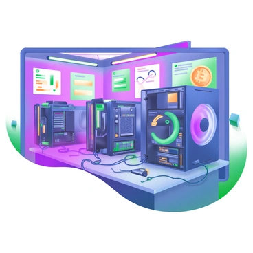 A cryptocurrency mining farm filled with rows of humming computers is depicted in vibrant colors. Each computer is equipped with glowing graphics cards and LED lights, creating a lively atmosphere. The floor is lined with cables, connecting the machines in an organized manner. The walls feature large screens displaying real-time data and cryptocurrency statistics. Overhead, bright fluorescent lights illuminate the space, enhancing the colorful ambiance.