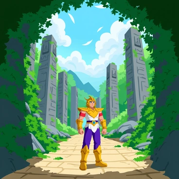 A Saint Seiya character wearing ornate armor stands at the entrance of a hidden city of the gods. The city is partially obscured by thick, green vines and lush foliage, which cascade over ancient stone structures. Towering statues of mythical figures loom in the background, their features weathered but majestic. The character has an expression of awe and curiosity as they gaze into the depths of the city. Sunlight filters through the canopy of leaves, casting dappled shadows on the worn cobblestone path that leads further into the mysterious ruins.