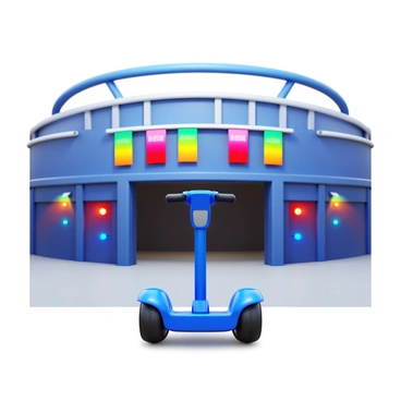 A Segway parked in front of a large sports arena. The arena features bright banners hanging from its exterior. Colorful lights illuminate the scene, creating a vibrant atmosphere. The Segway is positioned on a concrete surface, with a clear view of the arena's entrance.