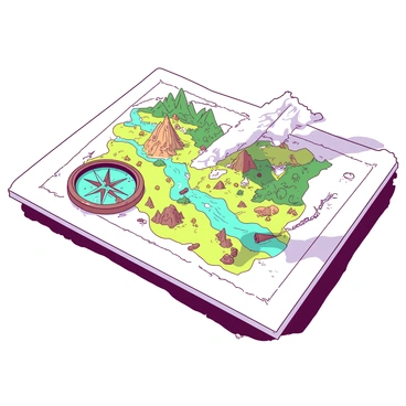 A white table is covered with an intricately drawn map that features various enchanted lands and hidden paths. The map is filled with detailed illustrations of mountains, forests, rivers, and mythical creatures. In one corner of the map, there is a vibrant teal compass pointing towards the north. Scattered around the edges of the map are small yellow markers indicating points of interest and treasure locations. Sunlight filters down onto the table, highlighting the fine lines and colors of the map.
