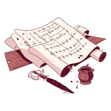 Three ancient scrolls are unfurled on a textured wooden surface. Each scroll displays a series of cryptic equations and intricate symbols inscribed in deep black ink. The edges of the scrolls are frayed, suggesting a long history of use, with subtle signs of wear. The scrolls overlap slightly, creating a layered effect. Scattered around the scrolls are small, aged tools like a quill and an ink pot, hinting at the process of writing these mysterious equations. The soft light casts gentle shadows, enhancing the details of the inscriptions.