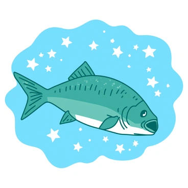 A teal tarpon is gracefully swimming through a sky filled with white floating stars. The stars are varying in size and shine brightly against the background, creating a magical atmosphere. The tarpon's scales shimmer, reflecting the light from the stars as it glides effortlessly through the dreamscape.