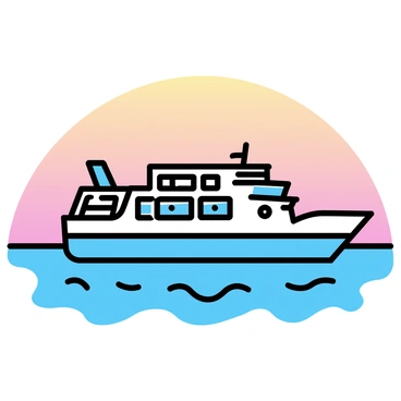 A small cruise ship with white and blue hull, illuminated by bright lights along the deck, is floating on the surface of the Red Sea. The ship features multiple decks and large windows, reflecting the warm hues of sunset. The horizon showcases a gradient of deep orange and purple, signaling the approach of night. Gentle waves ripple around the ship, enhancing the ambiance of the scene.