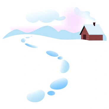 A series of footprints are imprinted in the soft, white snow, curving gently across the expansive snowy field. The footprints are small and evenly spaced, suggesting a solitary figure making their way through the sparkling snow. In the background, a distant cabin made of rustic wood appears nestled against a backdrop of gently rolling snow-covered hills. The cabin has a slanted roof, with smoke gently rising from its chimney, indicating warmth and comfort inside. The sky overhead is a gradient of pastel colors, blending shades of light blue and soft pink as the sun begins to set.