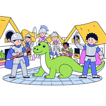 A group of three children dressed as knights, with shining silver armor and colorful capes, stand in a cobblestone street of a medieval village. Each child wears a helmet with a plume on top. One child has a wooden sword raised in a playful manner. In front of them is a large, friendly dragon with bright green scales and friendly eyes, sitting comfortably on its haunches. The dragon's wings are slightly spread, showcasing their vibrant patterns. Surrounding them are quaint thatched-roof cottages with flowers blooming in the window boxes, and villagers peeking curiously from their doors.