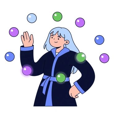 A character with long flowing hair wearing a dark robe is practicing magic spells. Glowing orbs of different colors, including blue, green, and purple, hover around them in a circular formation. The character has one hand raised, directing the orbs while their eyes are focused intently. The background is minimalistic, emphasizing the character and the vibrant orbs of light.