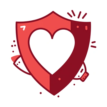A red shield with a bold outline stands prominently in the center of the image. In the middle of the shield, there is a large white heart, symbolizing care. The heart is perfectly shaped, contrasting sharply against the red background of the shield. Surrounding the shield, there are additional elements, such as a soft glow emanating from behind it, enhancing its sense of importance. The overall composition emphasizes the themes of security and care represented by the heart within the shield.
