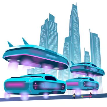 Vehicles transforming from cars to hovercrafts in a futuristic city