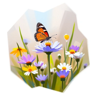 A delicate butterfly with vibrant orange and black wings is gracefully landing on a bright blue cornflower. The cornflower is blooming amidst a lush wildflower meadow filled with a variety of colorful flowers such as daisies, yellow buttercups, and purple clover. Tall green grasses sway gently in the breeze around the flowers, and soft light filters through the scene, enhancing the natural beauty of the meadow. The butterfly is positioned close to the center of the image, with its wings partially open, capturing the moment of landing.