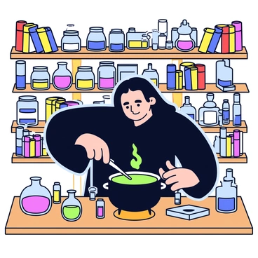 A laboratory setting with various potion ingredients neatly arranged on wooden shelves. In the center, a large black cauldron sits over a small flame, filled with a bubbling potion that has a rich green color. "Severus Snape," a tall man with long black hair, is leaning over the cauldron. He wears a black robe and has a serious expression as he carefully examines the potion's color and consistency using a glass stirring rod. Various glass vials, some filled with colorful liquids, are scattered on the countertop beside him. The walls of the lab are lined with shelves filled with ancient books and labeled jars filled with mysterious substances.