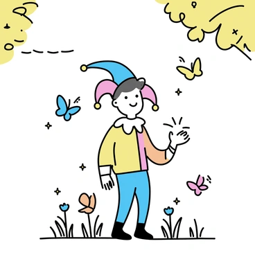 A gentle jester, wearing a colorful outfit with a pointed hat and bells, stands in a sunlit meadow. His expression is playful as he smiles at the butterflies fluttering around him. The butterflies, in various colors like blue, yellow, and orange, dance through the air. The meadow is filled with tall grass and scattered wildflowers, creating a vibrant backdrop for the scene. The sunlight filters through the leaves of nearby trees, casting soft shadows on the ground.
