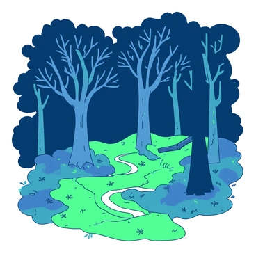 A duotone forest filled with trees resembling "open books" with their branches extending outward. The trunks of the trees are tall and sturdy, while the leaves flutter gently in the breeze, mimicking the pages of a book. The ground is covered with a layer of vibrant green moss. Glowing paths weave through the forest, illuminating the surroundings with a soft, warm light. The paths twist and turn, inviting exploration, and small, bioluminescent plants can be seen along the edges of the paths, adding an enchanting touch to the scene.