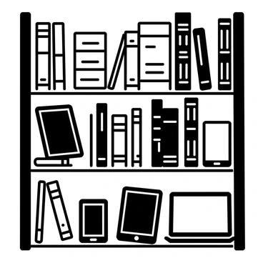 A library shelf filled with a variety of books and devices. The shelf has several leather-bound books, their spines embossed with gold lettering, neatly arranged. Interspersed among them are modern e-readers, some displaying text on their screens. The shelf is made of dark wood, showcasing its sturdy construction and elegance. Each book and e-reader is positioned to highlight their differing designs, creating a contrast between the classic and the contemporary.