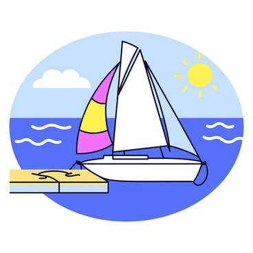 A sailboat with a white hull and colorful sails is securely tied to a wooden dock. The boat's sails are furled, and a cleat hitch is visibly fastening the rope to the dock. In the background, there are gentle waves rippling on the water's surface, reflecting light from the sun. The sky above is clear with a few fluffy clouds. The scene conveys a calm moment by the water.