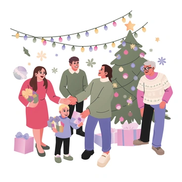 A digital flat illustration of a cheerful holiday reception scene filled with festive decorations. There are colorful string lights adorning the walls and a large, decorated Christmas tree in the corner with various ornaments and a shining star on top. A group of four people is present, smiling as they exchange gifts. The first person is a woman with long brown hair, wearing a red dress and holding a beautifully wrapped gift. The second person is a man with short black hair, dressed in a green sweater and blue jeans, smiling as he hands a present to the woman. The third person is a child with curly blonde hair in a bright blue shirt, eagerly holding a small gift. The fourth person is an elderly man with glasses, wearing a festive patterned sweater, looking joyfully at the scene. Festive elements like holly and snowflakes are scattered throughout the illustration.