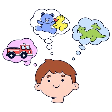 A child’s head with short brown hair, smiling and looking up. Above the head are several colorful thought bubbles, each containing a different toy. One bubble features a red fire truck, another shows a yellow rubber duck, a third contains a blue teddy bear, and another displays a green dinosaur. The thought bubbles have rounded edges and are filled with soft colors. The background is plain to emphasize the child and the toys.