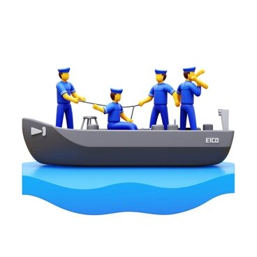 A navy barge with several sailors participating in a training exercise. The sailors are wearing navy blue uniforms, focusing on their tasks as they work together. Some are handling ropes while others are coordinating navigation. The barge is equipped with various training equipment, and the water is calm around them. "Teamwork" is depicted through their synchronized movements and expressions of determination.