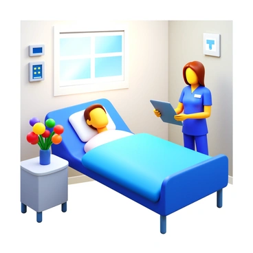 A hospital room with a patient lying in a bed. The patient has a calm expression and is covered with a light blue blanket. A table next to the bed holds a small vase filled with colorful flowers. A nurse is standing beside the bed, wearing scrubs and a name tag, checking the patient's chart. There are medical equipment and monitors visible in the background, and the walls are painted in a soft, neutral color. Direct light from a window illuminates the room, creating a warm atmosphere.