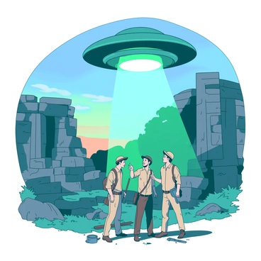 A teal UFO hovers above ancient stone ruins, illuminating the structures with bright beams of light. The ruins feature crumbling columns and weathered stone walls, covered in patches of green moss. Below the UFO, a group of archaeologists wearing khaki shirts and cargo pants stand in awe, pointing and gazing up at the sky. Their faces reflect a mix of surprise and curiosity. The ground around them is scattered with tools and excavation equipment, while the background reveals a twilight sky transitioning from deep blue to soft orange.
