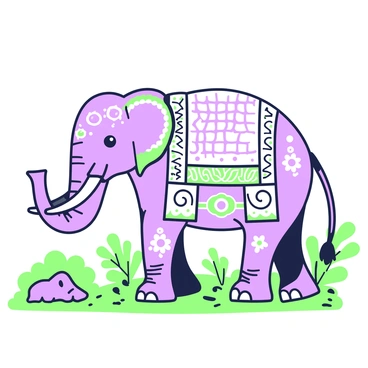 An elephant is standing in a natural environment, showcasing its decorated skin. The skin is adorned with intricate patterns and designs that cover various parts of its body. The patterns include spirals, floral motifs, and geometric shapes. The elephant has large, expressive eyes and prominent tusks. Surrounding the elephant, there are lush green plants and a few scattered rocks. The ground is textured with patches of grass and dirt.