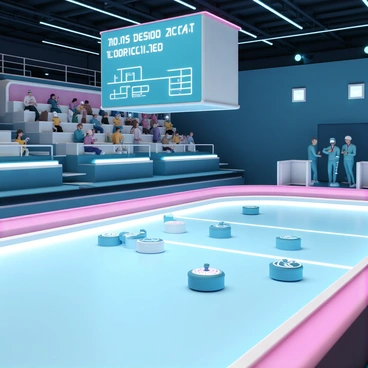 A futuristic curling rink with sleek, metallic surfaces and illuminated lines. High-tech curling stones, designed with glowing patterns, glide smoothly across the ice. Spectators are seated in elevated, transparent stands, some using digital devices to track the game. Above the rink, a large screen displays real-time stats and augmented reality graphics. The atmosphere is vibrant with a blend of cool blue and neon accents, highlighting the advanced technology in use.