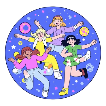 A group of anime characters in various colorful outfits is dancing gracefully among a backdrop of twinkling stars and glowing celestial bodies. Each character has distinct features, with flowing hair and expressive faces, capturing the joy of movement. They are surrounded by swirling constellations and vibrant nebulae. The characters are striking dynamic poses, their limbs outstretched as if performing an enchanting ballet in the vastness of space.