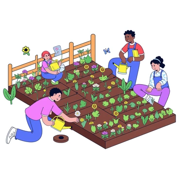 A community garden filled with various rows of vegetables and flowers. There are several people actively planting, watering, and tending to the plants. One person is kneeling in the dirt, planting small seedlings, while another waters the plants with a bright green watering can. Nearby, a third person is using a small gardening fork to turn the soil. Brightly colored flowers, such as sunflowers and marigolds, are blooming throughout the garden. A wooden fence surrounds the garden, and a few butterflies can be seen fluttering around the flowers.