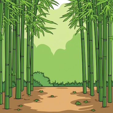 Tall, slender bamboo stalks rise gracefully from the forest floor, their bright green color contrasting with the rich brown earth. The bamboo is densely packed, creating a lush and vibrant atmosphere. Sunlight filters through the leafy canopy above, casting playful shadows on the ground. A few scattered ferns and small shrubs add diversity to the undergrowth, while a gentle breeze causes the bamboo to sway slightly, creating a rhythmic motion. The scene is filled with the soft sounds of nature, enhancing the tranquil vibe of this bamboo forest.